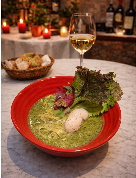 野菜たっぷりバジル豚骨スープパスタ